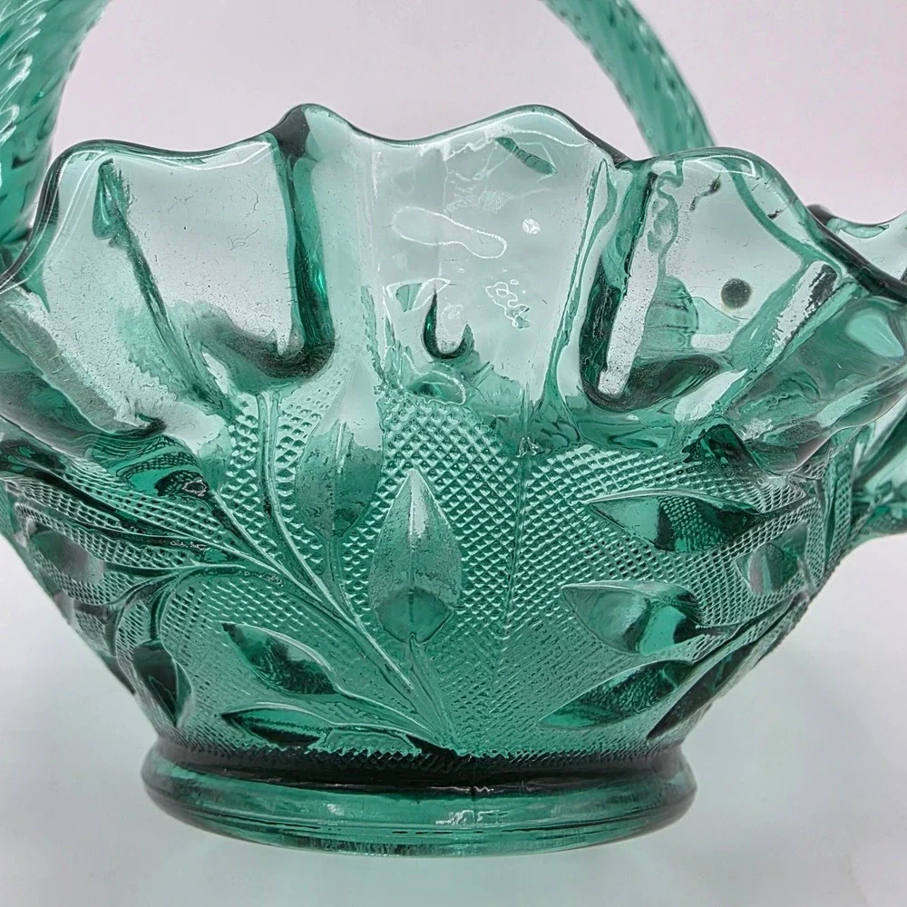 Vintage Fenton Teal Green Ruffled Edge Glass Basket Leaf Pattern Twisted Handle